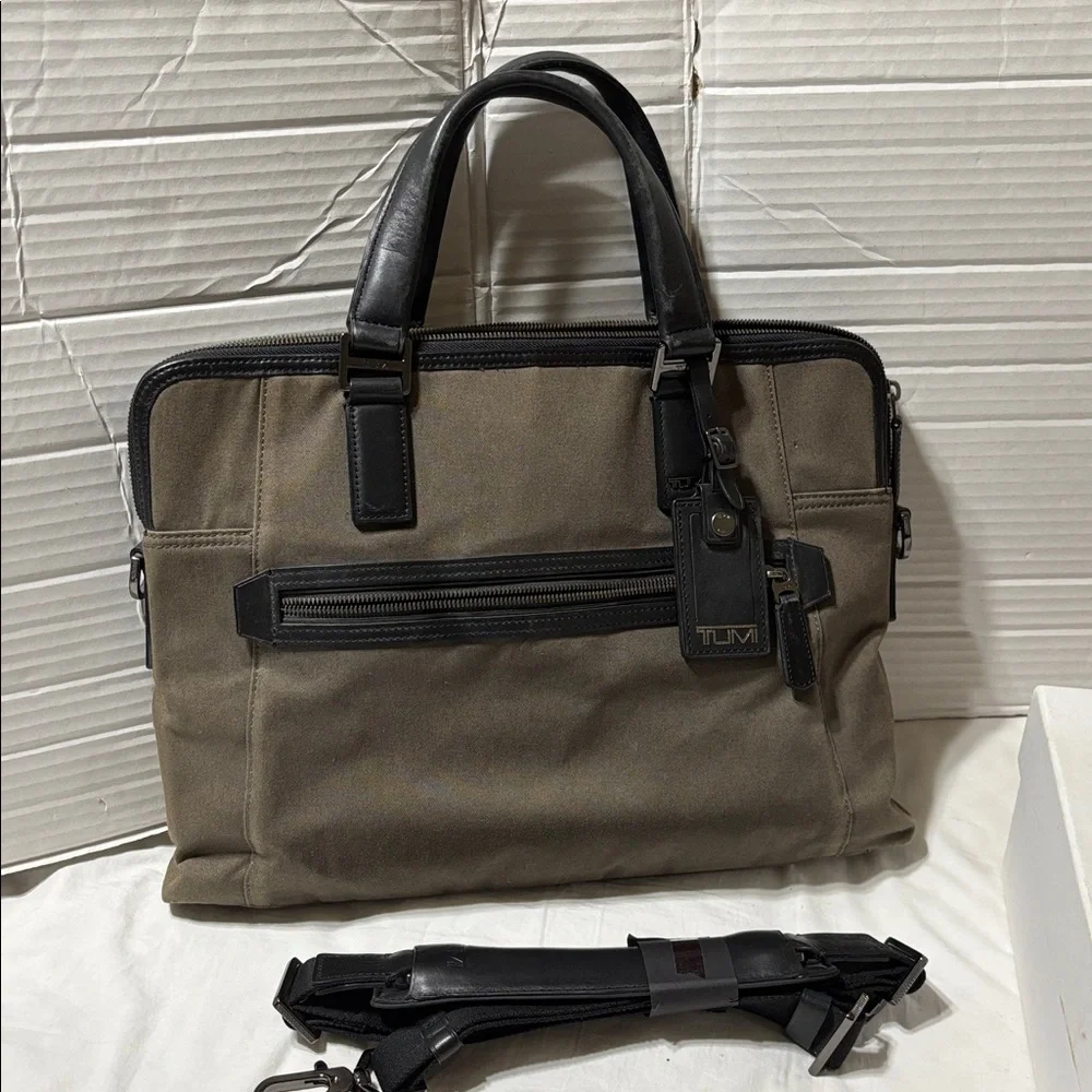 Tumi Beacon Hill Branch slim laptop coated canvas leather trim briefcase.
